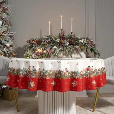 Скатерть круглая " МОРОЗКО.СНЕГИРИ" 190см , красный, 100% хлопок, твил, с пропиткой LEFARD 850-745-22-17