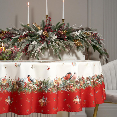 Скатерть круглая " МОРОЗКО.СНЕГИРИ" 190см , красный, 100% хлопок, твил, с пропиткой LEFARD 850-745-22-18