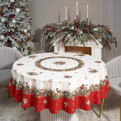 Скатерть круглая " МОРОЗКО.СНЕГИРИ" 190см , красный, 100% хлопок, твил, с пропиткой LEFARD 850-745-22-19