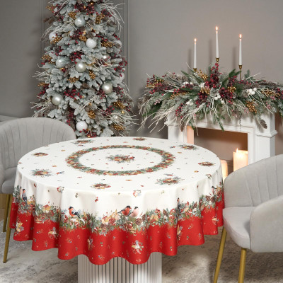 Скатерть круглая " МОРОЗКО.СНЕГИРИ" 190см , красный, 100% хлопок, твил, с пропиткой LEFARD 850-745-22-20