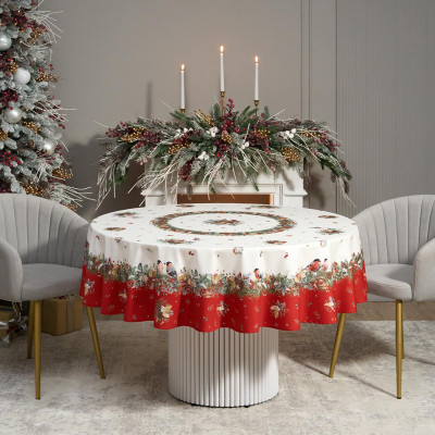 Скатерть круглая " МОРОЗКО.СНЕГИРИ" 190см , красный, 100% хлопок, твил, с пропиткой LEFARD 850-745-22-21