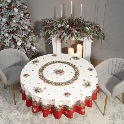 Скатерть круглая " МОРОЗКО.СНЕГИРИ" 190см , красный, 100% хлопок, твил, с пропиткой LEFARD 850-745-22-22