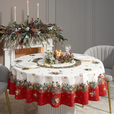 Скатерть круглая " МОРОЗКО.СНЕГИРИ" 190см , красный, 100% хлопок, твил, с пропиткой LEFARD 850-745-22-3