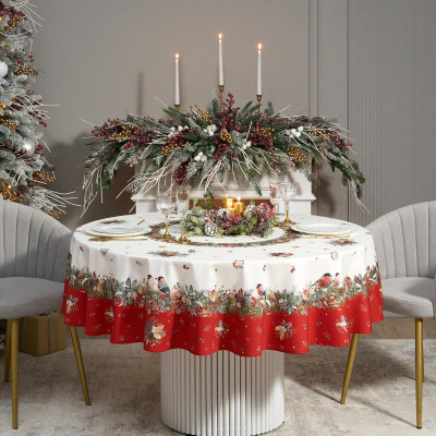 Скатерть круглая " МОРОЗКО.СНЕГИРИ" 190см , красный, 100% хлопок, твил, с пропиткой LEFARD 850-745-22-4
