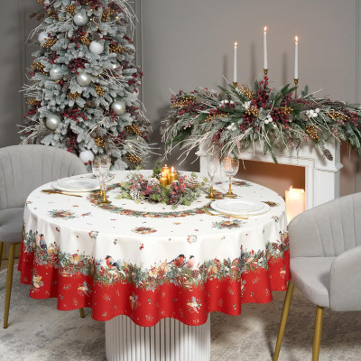 Скатерть круглая " МОРОЗКО.СНЕГИРИ" 190см , красный, 100% хлопок, твил, с пропиткой LEFARD 850-745-22-5