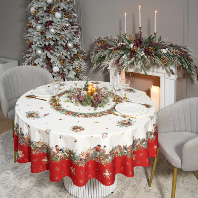 Скатерть круглая " МОРОЗКО.СНЕГИРИ" 190см , красный, 100% хлопок, твил, с пропиткой LEFARD 850-745-22-6