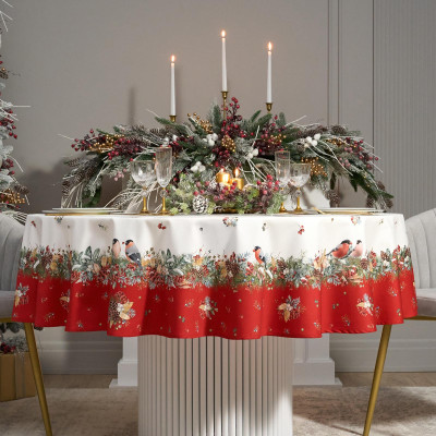 Скатерть круглая " МОРОЗКО.СНЕГИРИ" 190см , красный, 100% хлопок, твил, с пропиткой LEFARD 850-745-22-7
