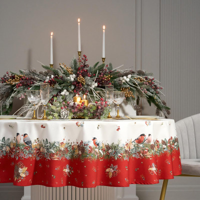 Скатерть круглая " МОРОЗКО.СНЕГИРИ" 190см , красный, 100% хлопок, твил, с пропиткой LEFARD 850-745-22-8