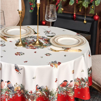 Скатерть круглая "МОРОЗКО . СНЕГИРИ"150см ,красный, 100% хлопок ,твил с пропиткой LEFARD 850-745-23-9