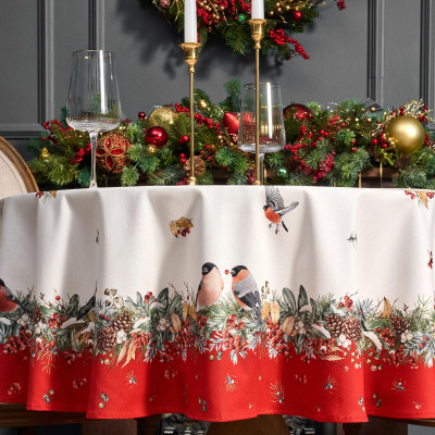 Скатерть круглая "МОРОЗКО . СНЕГИРИ"150см ,красный, 100% хлопок ,твил с пропиткой LEFARD 850-745-23-10