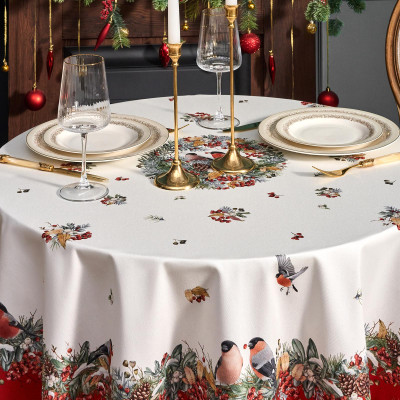 Скатерть круглая "МОРОЗКО . СНЕГИРИ"150см ,красный, 100% хлопок ,твил с пропиткой LEFARD 850-745-23-11