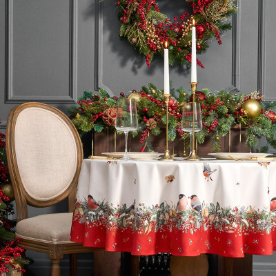 Скатерть круглая "МОРОЗКО . СНЕГИРИ"150см ,красный, 100% хлопок ,твил с пропиткой LEFARD 850-745-23-3