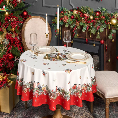 Скатерть круглая "МОРОЗКО . СНЕГИРИ"150см ,красный, 100% хлопок ,твил с пропиткой LEFARD 850-745-23-5