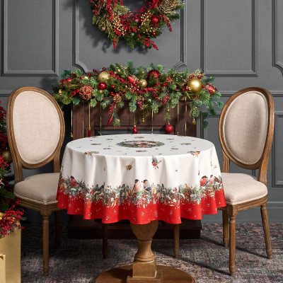 Скатерть круглая "МОРОЗКО . СНЕГИРИ"150см ,красный, 100% хлопок ,твил с пропиткой LEFARD 850-745-23-6