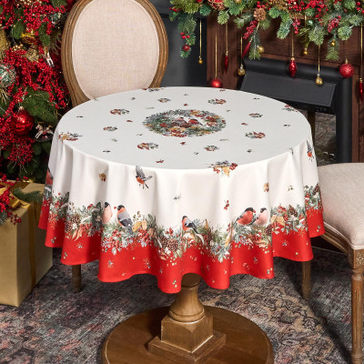 Скатерть круглая "МОРОЗКО . СНЕГИРИ"150см ,красный, 100% хлопок ,твил с пропиткой LEFARD 850-745-23-7
