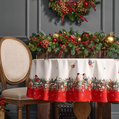 Скатерть круглая "МОРОЗКО . СНЕГИРИ"150см ,красный, 100% хлопок ,твил с пропиткой LEFARD 850-745-23-8