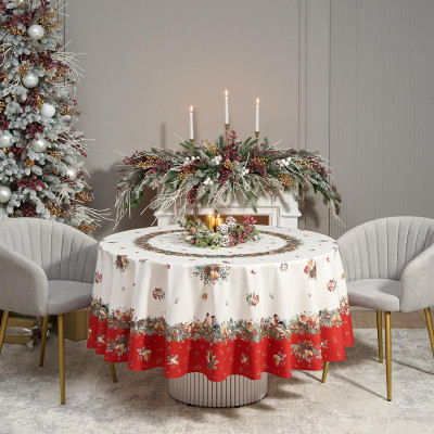 Скатерть круглая " МОРОЗКО.СНЕГИРИ" 220см , красный, 100% хлопок, твил, с пропиткой LEFARD 850-745-24-12