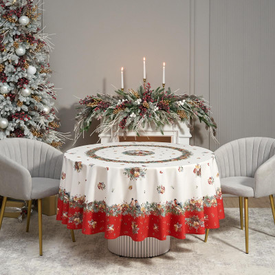 Скатерть круглая " МОРОЗКО.СНЕГИРИ" 220см , красный, 100% хлопок, твил, с пропиткой LEFARD 850-745-24-13