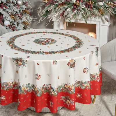Скатерть круглая " МОРОЗКО.СНЕГИРИ" 220см , красный, 100% хлопок, твил, с пропиткой LEFARD 850-745-24-14