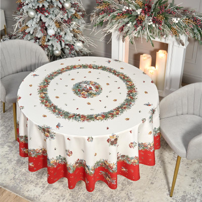 Скатерть круглая " МОРОЗКО.СНЕГИРИ" 220см , красный, 100% хлопок, твил, с пропиткой LEFARD 850-745-24-15