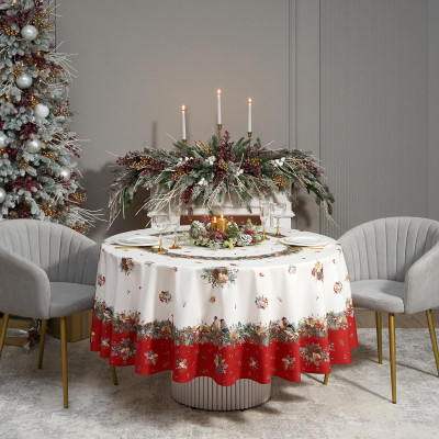 Скатерть круглая " МОРОЗКО.СНЕГИРИ" 220см , красный, 100% хлопок, твил, с пропиткой LEFARD 850-745-24-16