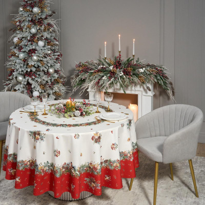 Скатерть круглая " МОРОЗКО.СНЕГИРИ" 220см , красный, 100% хлопок, твил, с пропиткой LEFARD 850-745-24-17
