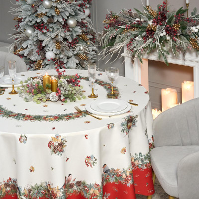 Скатерть круглая " МОРОЗКО.СНЕГИРИ" 220см , красный, 100% хлопок, твил, с пропиткой LEFARD 850-745-24-3