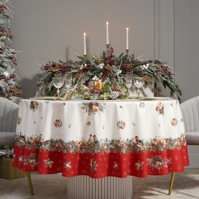 Скатерть круглая " МОРОЗКО.СНЕГИРИ" 220см , красный, 100% хлопок, твил, с пропиткой LEFARD 850-745-24-4