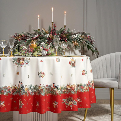 Скатерть круглая " МОРОЗКО.СНЕГИРИ" 220см , красный, 100% хлопок, твил, с пропиткой LEFARD 850-745-24-5