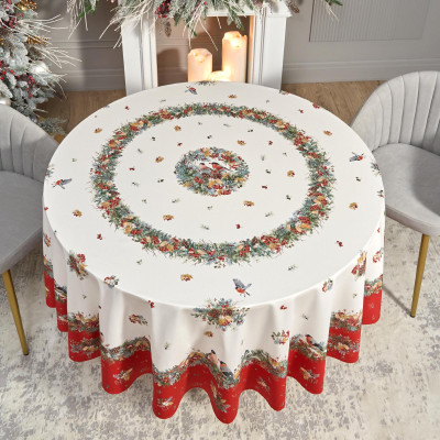 Скатерть круглая " МОРОЗКО.СНЕГИРИ" 220см , красный, 100% хлопок, твил, с пропиткой LEFARD 850-745-24-6