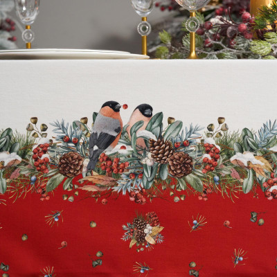 Скатерть " МОРОЗКО.СНЕГИРИ" 140х300см , красный, 100% хлопок, твил пропитка LEFARD 850-745-25-10