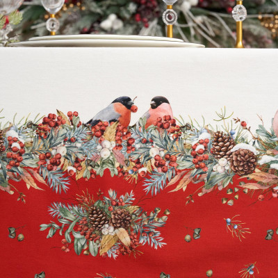 Скатерть " МОРОЗКО.СНЕГИРИ" 140х300см , красный, 100% хлопок, твил пропитка LEFARD 850-745-25-11