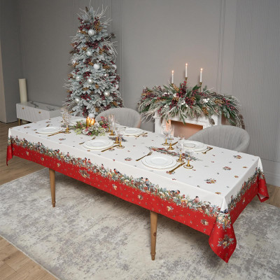 Скатерть " МОРОЗКО.СНЕГИРИ" 140х300см , красный, 100% хлопок, твил пропитка LEFARD 850-745-25-13