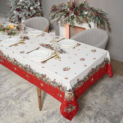 Скатерть " МОРОЗКО.СНЕГИРИ" 140х300см , красный, 100% хлопок, твил пропитка LEFARD 850-745-25-14