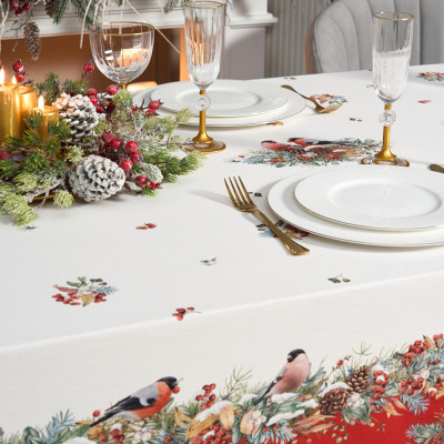 Скатерть " МОРОЗКО.СНЕГИРИ" 140х300см , красный, 100% хлопок, твил пропитка LEFARD 850-745-25-19