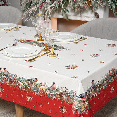 Скатерть " МОРОЗКО.СНЕГИРИ" 140х300см , красный, 100% хлопок, твил пропитка LEFARD 850-745-25-20