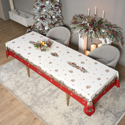 Скатерть " МОРОЗКО.СНЕГИРИ" 140х300см , красный, 100% хлопок, твил пропитка LEFARD 850-745-25-24