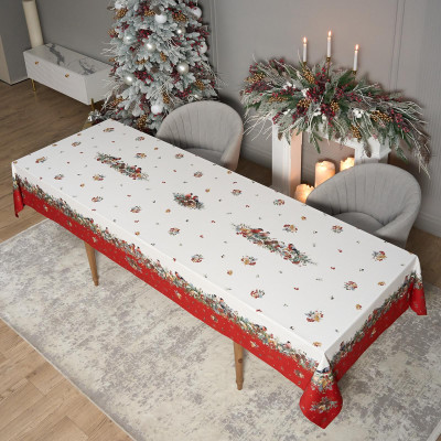 Скатерть " МОРОЗКО.СНЕГИРИ" 140х300см , красный, 100% хлопок, твил пропитка LEFARD 850-745-25-25