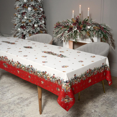 Скатерть " МОРОЗКО.СНЕГИРИ" 140х300см , красный, 100% хлопок, твил пропитка LEFARD 850-745-25-28
