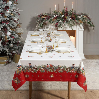 Скатерть " МОРОЗКО.СНЕГИРИ" 140х300см , красный, 100% хлопок, твил пропитка LEFARD 850-745-25-30