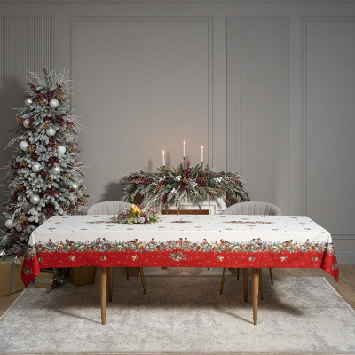 Скатерть " МОРОЗКО.СНЕГИРИ" 140х300см , красный, 100% хлопок, твил пропитка LEFARD 850-745-25