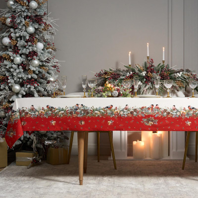 Скатерть " МОРОЗКО.СНЕГИРИ" 140х300см , красный, 100% хлопок, твил пропитка LEFARD 850-745-25-7