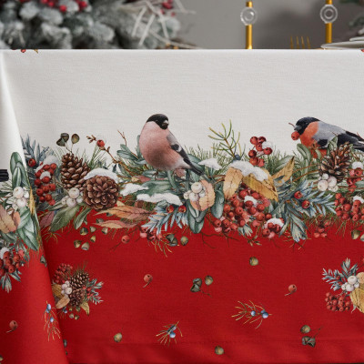 Скатерть " МОРОЗКО.СНЕГИРИ" 140х300см , красный, 100% хлопок, твил пропитка LEFARD 850-745-25-8