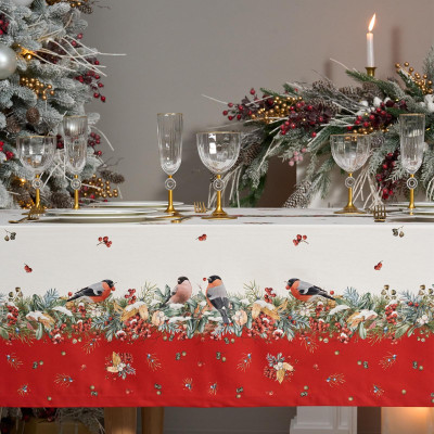 Скатерть " МОРОЗКО.СНЕГИРИ" 140х400см , красный, 100% хлопок, твил пропитка LEFARD 850-745-26-9