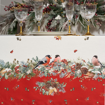 Скатерть " МОРОЗКО.СНЕГИРИ" 140х400см , красный, 100% хлопок, твил пропитка LEFARD 850-745-26-10