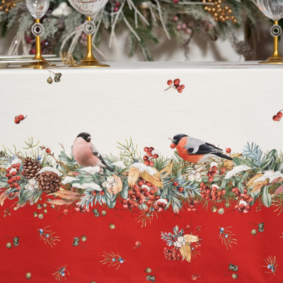 Скатерть " МОРОЗКО.СНЕГИРИ" 140х400см , красный, 100% хлопок, твил пропитка LEFARD 850-745-26-11