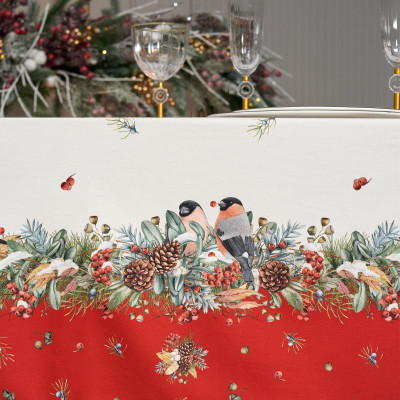 Скатерть " МОРОЗКО.СНЕГИРИ" 140х400см , красный, 100% хлопок, твил пропитка LEFARD 850-745-26-12