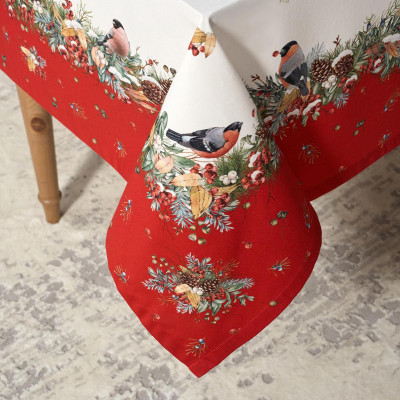 Скатерть " МОРОЗКО.СНЕГИРИ" 140х400см , красный, 100% хлопок, твил пропитка LEFARD 850-745-26-14