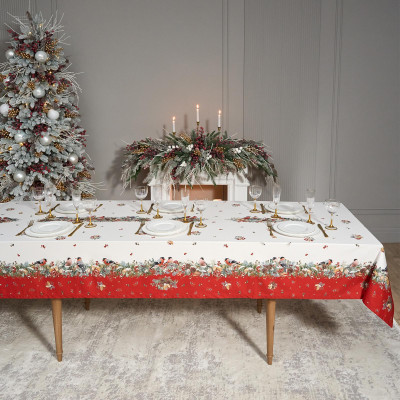 Скатерть " МОРОЗКО.СНЕГИРИ" 140х400см , красный, 100% хлопок, твил пропитка LEFARD 850-745-26-5