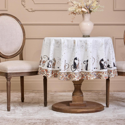 Скатерть круглая "ПАРИЖСКИЕ КОТЫ" ,150 см, твилл ,белый,пропитка LEFARD 850-746-23-9